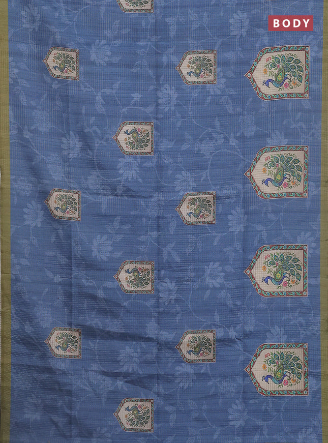 Chappa saree blue shade and mehendi green with allover zari checked pattern & digital prints and printed pallu