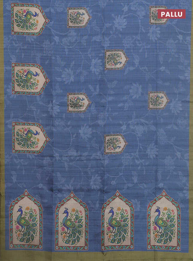 Chappa saree blue shade and mehendi green with allover zari checked pattern & digital prints and printed pallu