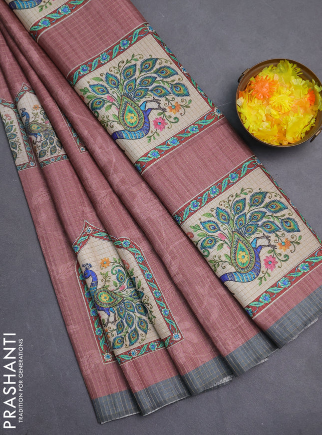 Chappa saree pastel brown and grey with allover zari checked pattern & digital prints and printed pallu