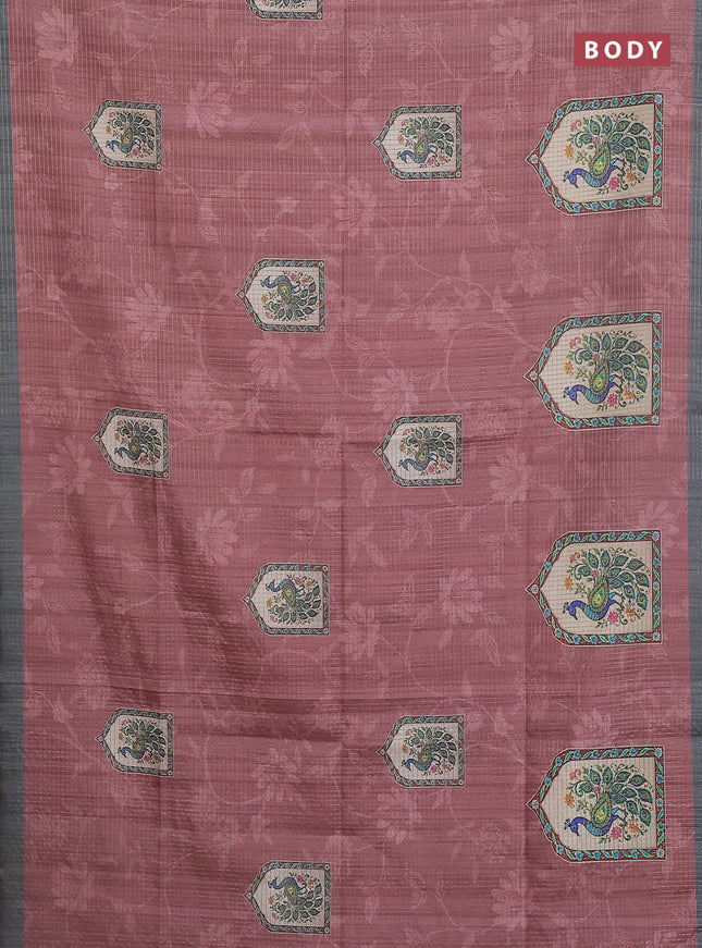 Chappa saree pastel brown and grey with allover zari checked pattern & digital prints and printed pallu