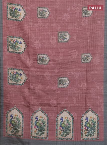 Chappa saree pastel brown and grey with allover zari checked pattern & digital prints and printed pallu