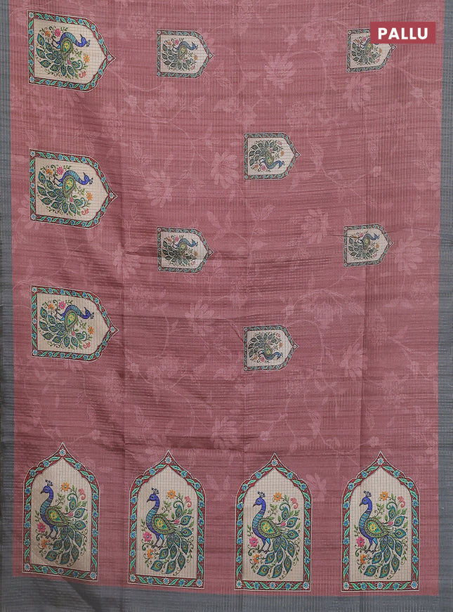 Chappa saree pastel brown and grey with allover zari checked pattern & digital prints and printed pallu