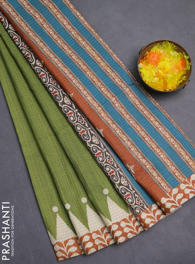 Chappa saree green and rust shade with allover zari checked pattern and printed pallu