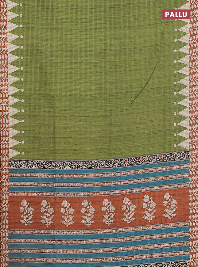 Chappa saree green and rust shade with allover zari checked pattern and printed pallu
