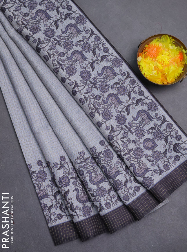 Chappa saree pastel grey and elephant grey with allover zari checked pattern and printed pallu