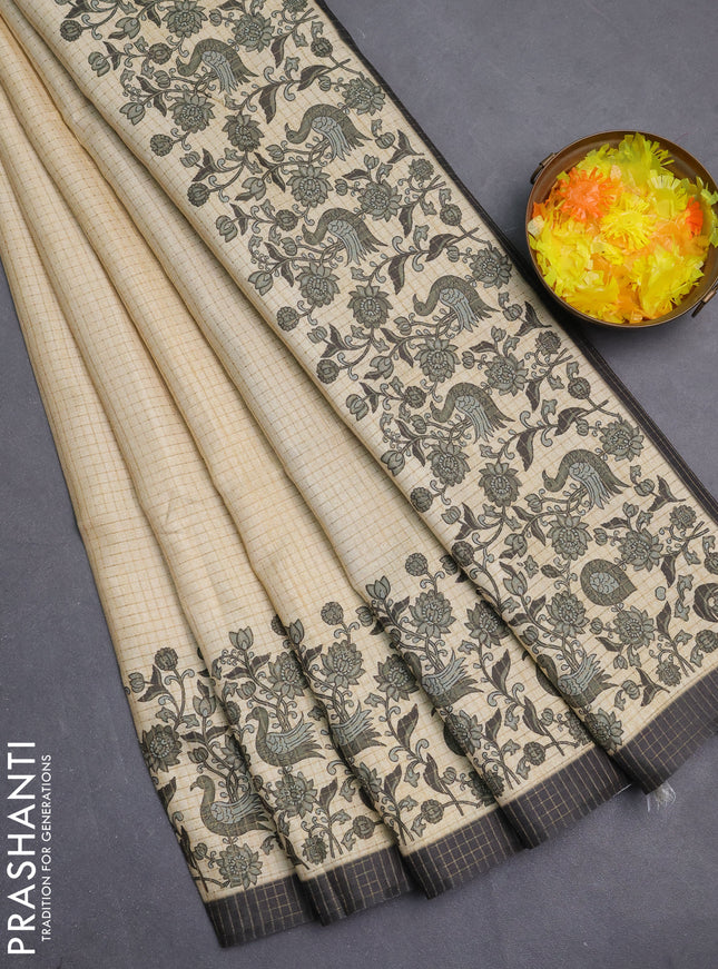 Chappa saree cream and dark grey with allover zari checked pattern and printed pallu