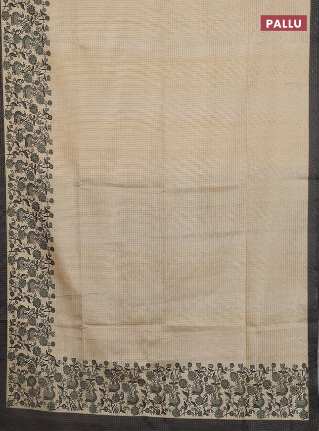 Chappa saree cream and dark grey with allover zari checked pattern and printed pallu