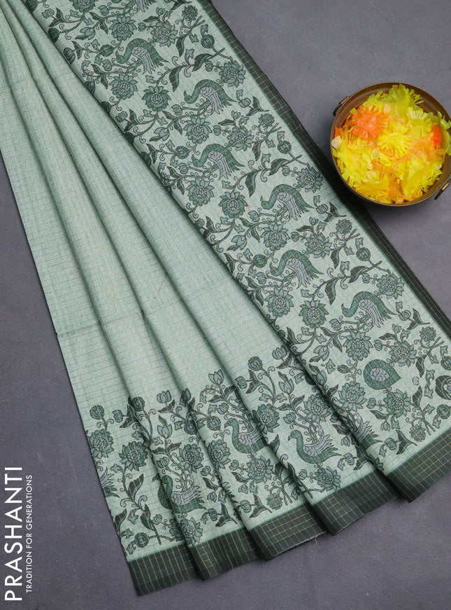 Chappa saree pastel green and bottle green with allover zari checked pattern and printed pallu