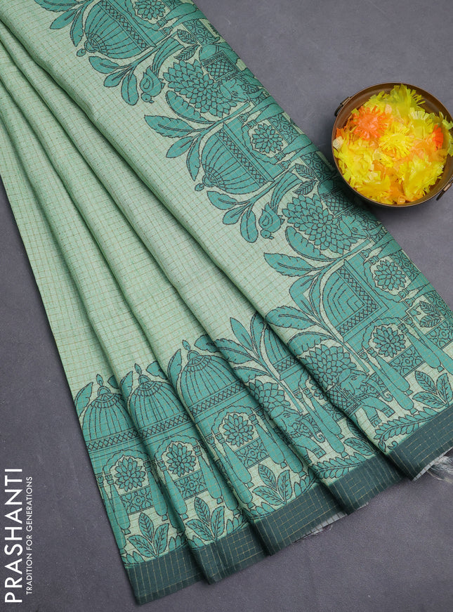 Chappa saree pista green and bottle green with allover zari checked pattern and printed pallu