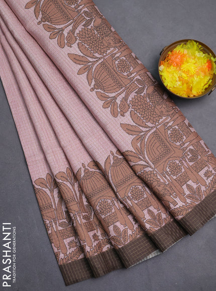 Chappa saree pastel peach pink and coffee brown with allover zari checked pattern and printed pallu