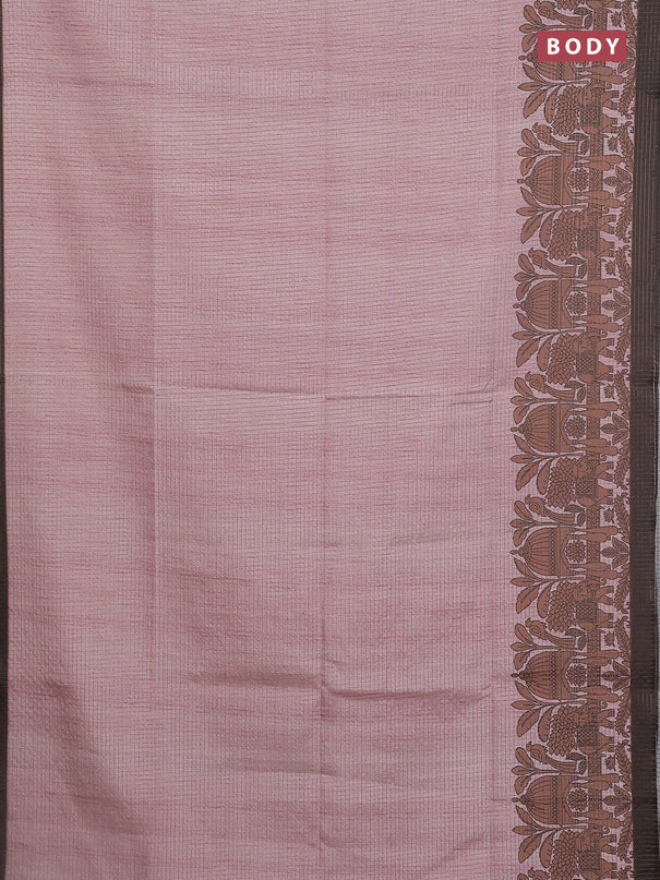 Chappa saree pastel peach pink and coffee brown with allover zari checked pattern and printed pallu