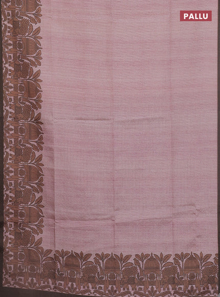 Chappa saree pastel peach pink and coffee brown with allover zari checked pattern and printed pallu