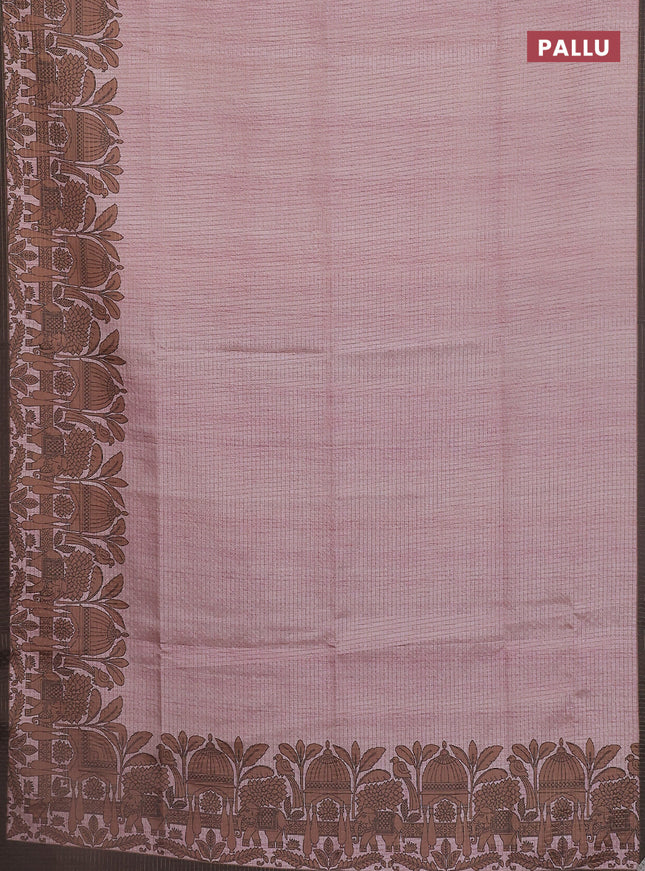 Chappa saree pastel peach pink and coffee brown with allover zari checked pattern and printed pallu
