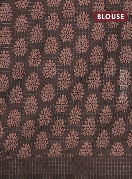 Chappa saree pastel peach pink and coffee brown with allover zari checked pattern and printed pallu