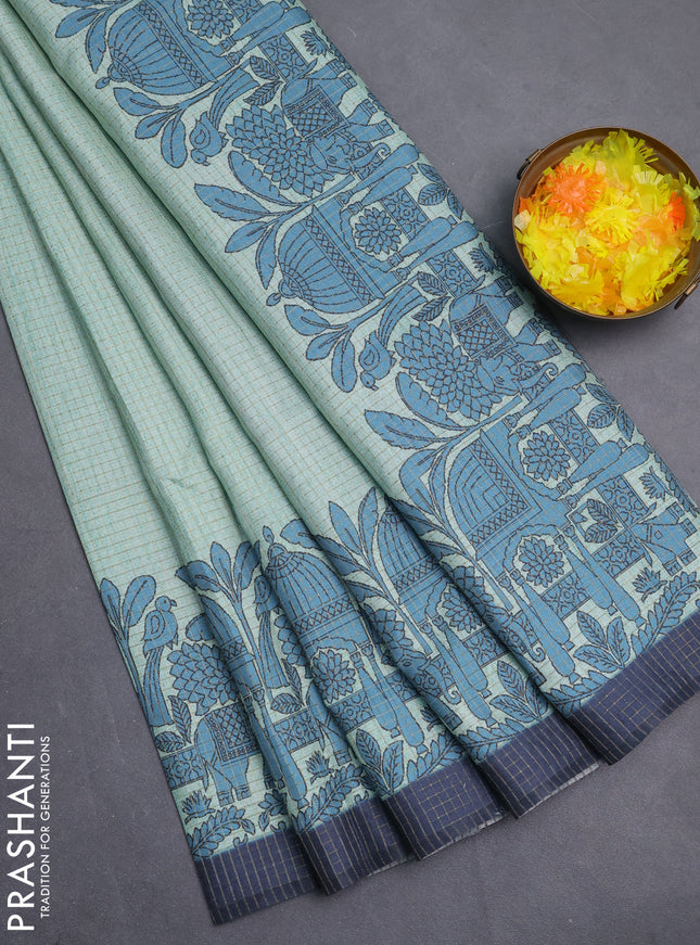 Chappa saree pastel green and dark grey with allover zari checked pattern and printed pallu