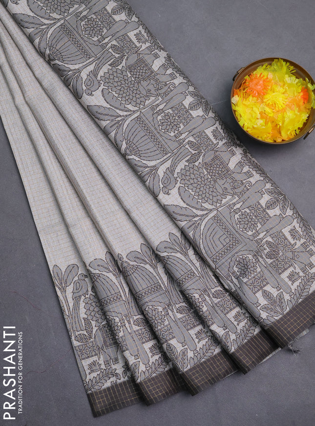 Chappa saree pastel grey and elephant grey with allover zari checked pattern and printed pallu