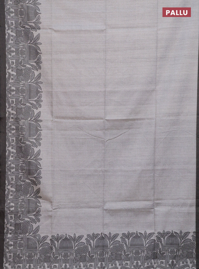 Chappa saree pastel grey and elephant grey with allover zari checked pattern and printed pallu