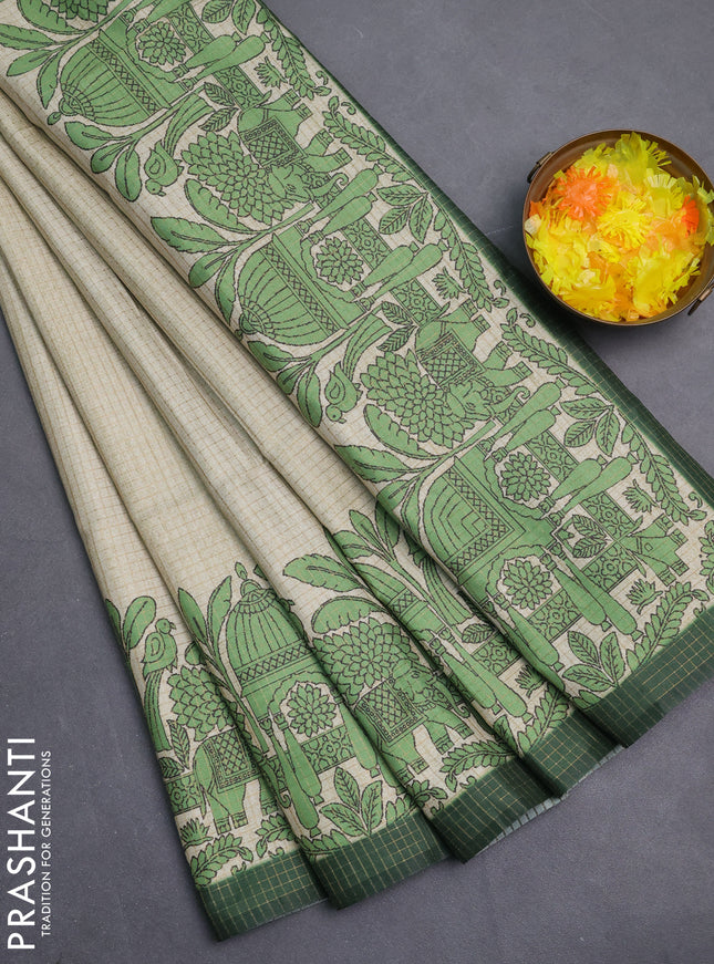 Chappa saree beige and green with allover zari checked pattern and printed pallu