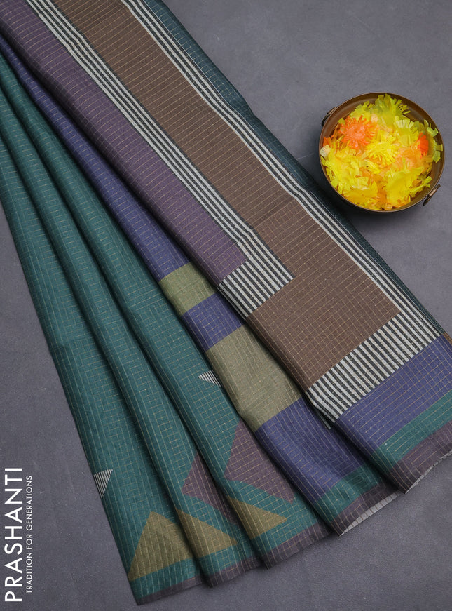 Chappa saree green and grey shade with allover zari checked pattern and long geometric printed border