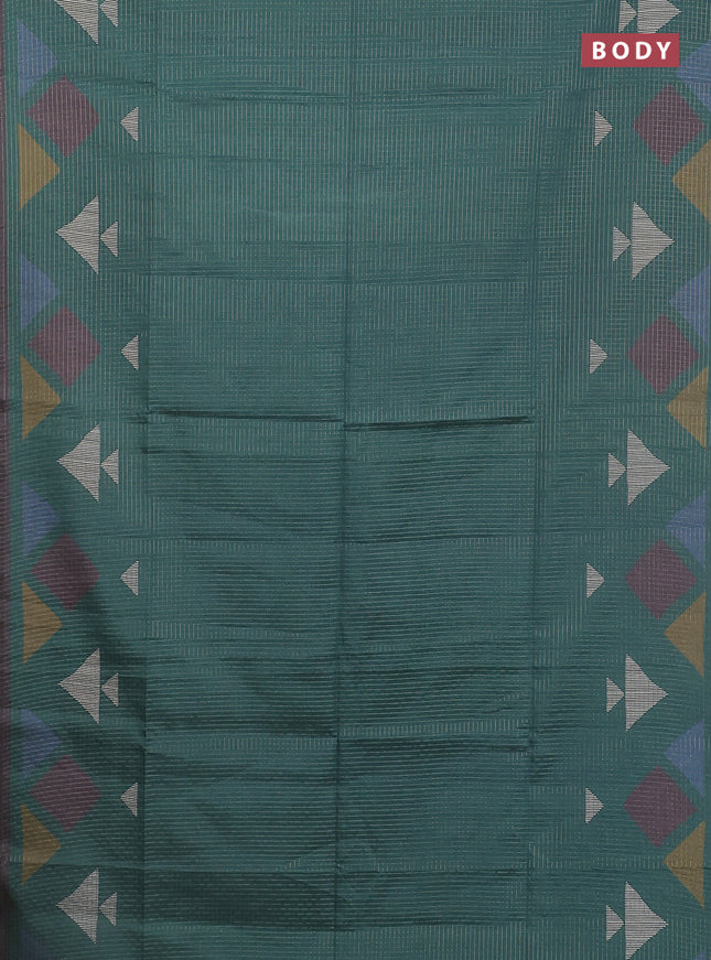 Chappa saree green and grey shade with allover zari checked pattern and long geometric printed border