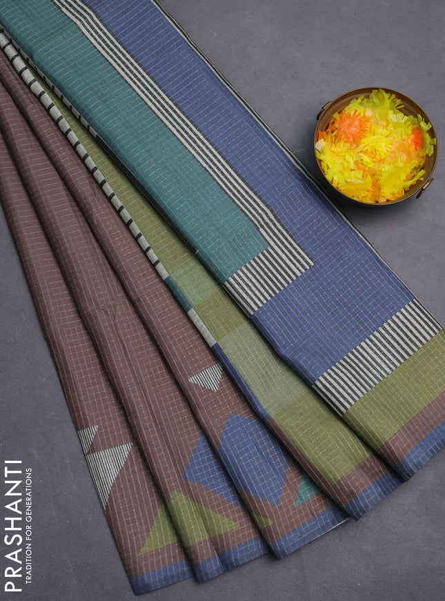 Chappa saree pastel brown and grey with allover zari checked pattern and long geometric printed border
