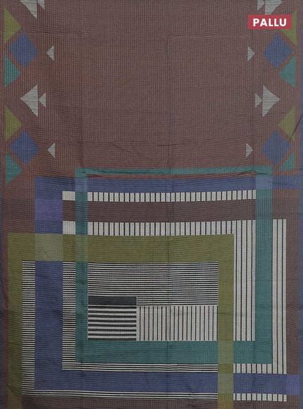 Chappa saree pastel brown and grey with allover zari checked pattern and long geometric printed border