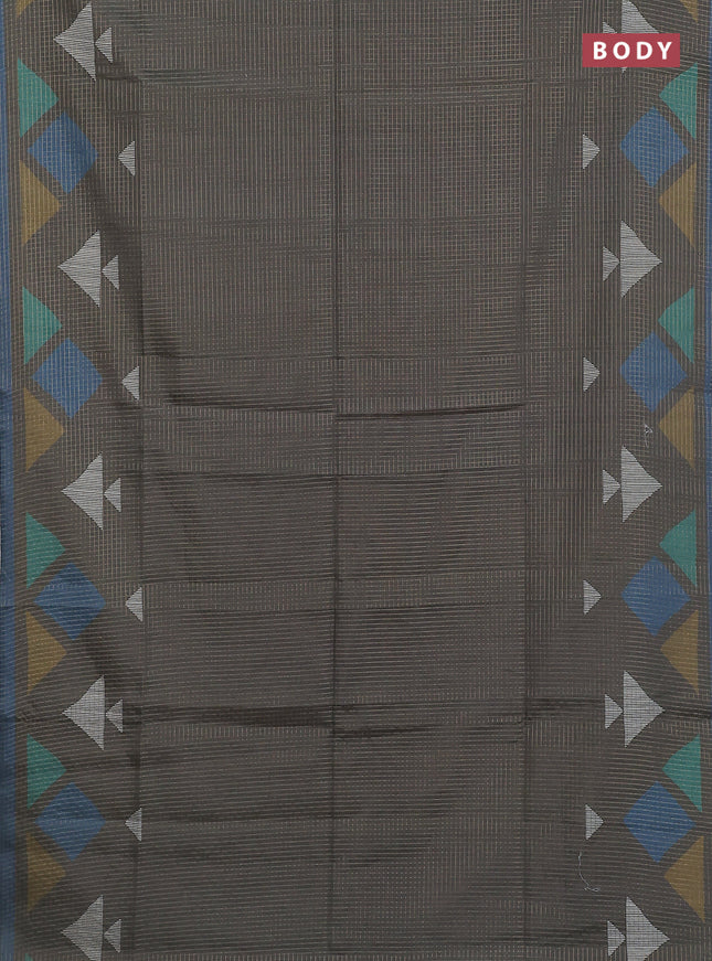 Chappa saree military green and peacock blue with allover zari checked pattern and long geometric printed border