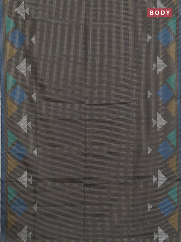 Chappa saree military green and peacock blue with allover zari checked pattern and long geometric printed border