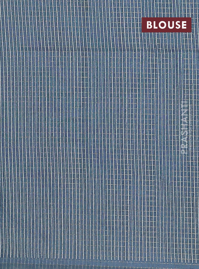 Chappa saree military green and peacock blue with allover zari checked pattern and long geometric printed border