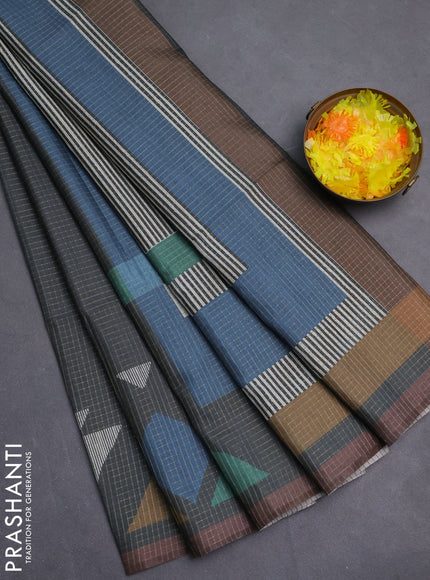 Chappa saree grey and pastel brown with allover zari checked pattern and long geometric printed border