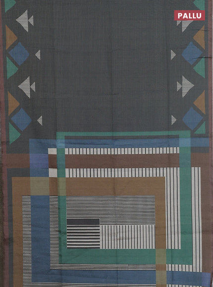 Chappa saree grey and pastel brown with allover zari checked pattern and long geometric printed border