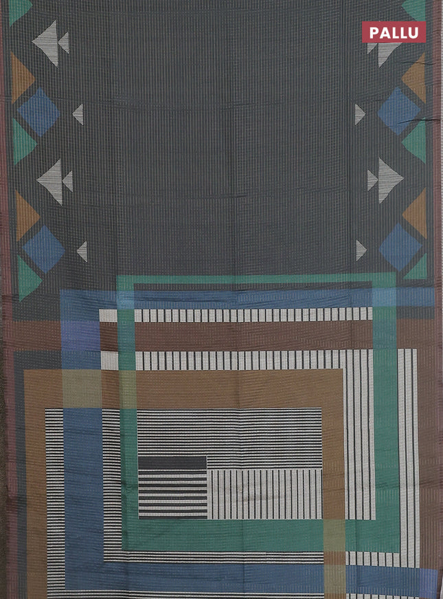 Chappa saree grey and pastel brown with allover zari checked pattern and long geometric printed border