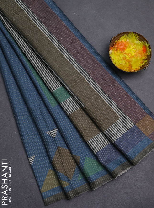 Chappa saree peacock blue and military green with allover zari checked pattern and long geometric printed border