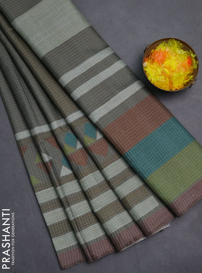 Chappa saree grey and pastel brown with allover zari checked pattern and long geometric printed border