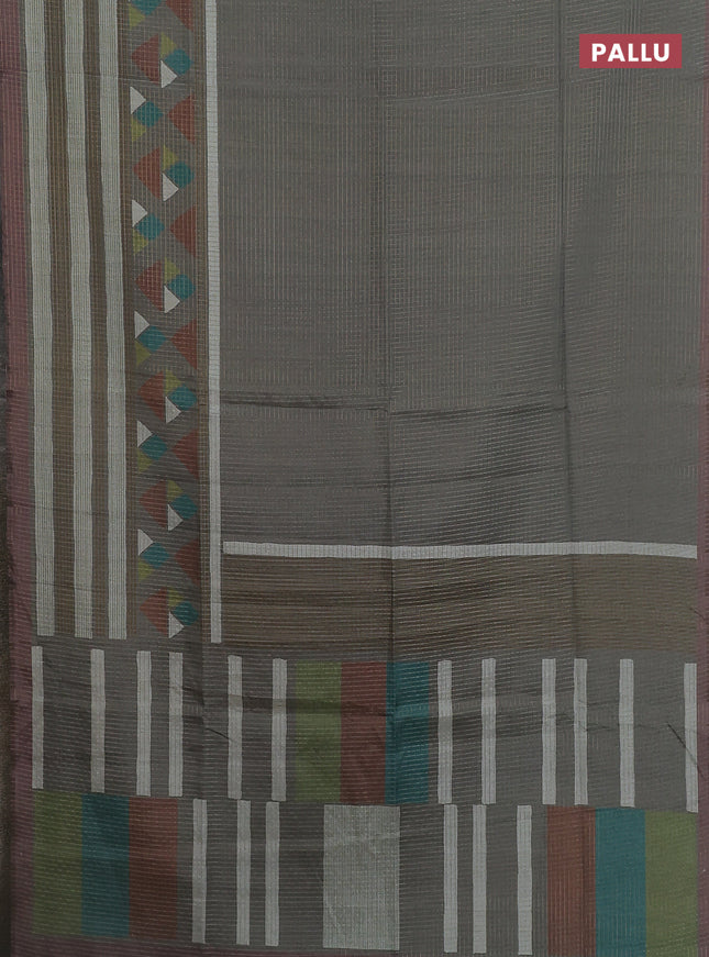 Chappa saree grey and pastel brown with allover zari checked pattern and long geometric printed border