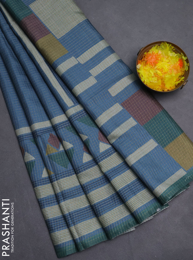 Chappa saree pastel blue and green with allover zari checked pattern and long geometric printed border