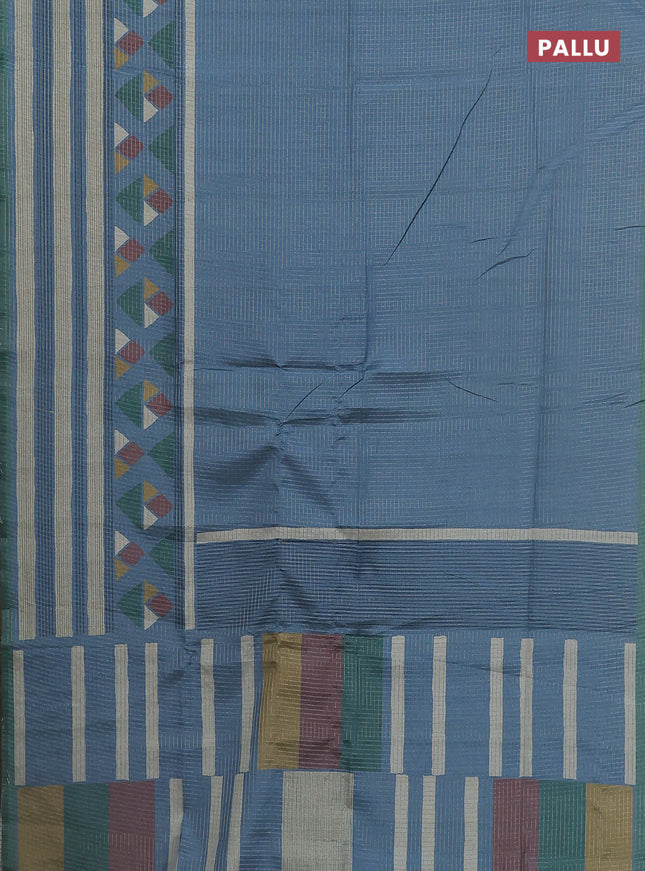 Chappa saree pastel blue and green with allover zari checked pattern and long geometric printed border