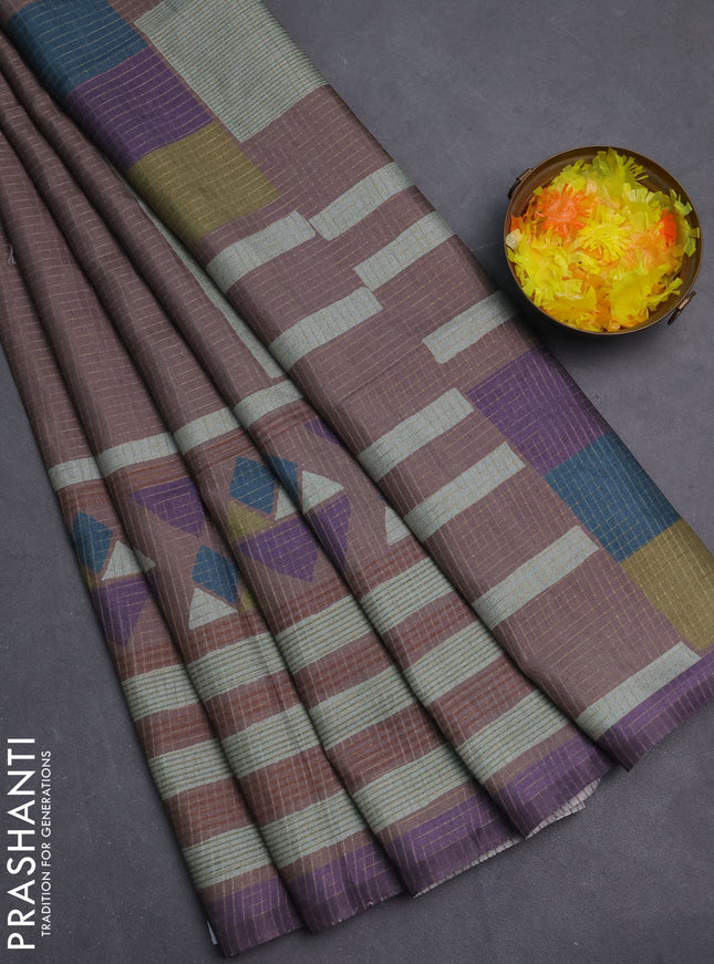 Chappa saree pastel brown and lavender with allover zari checked pattern and long geometric printed border
