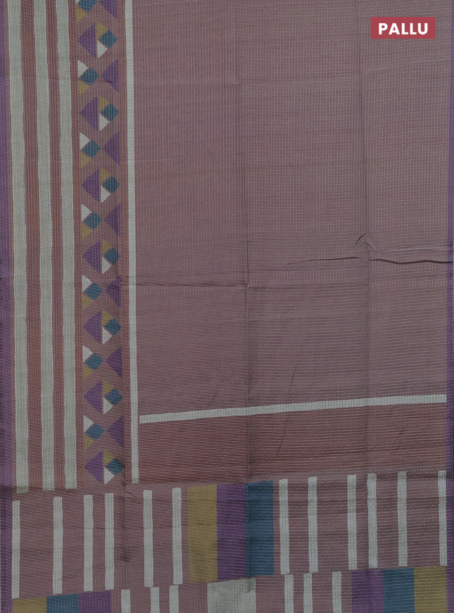Chappa saree pastel brown and lavender with allover zari checked pattern and long geometric printed border