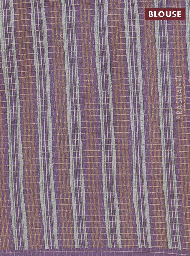 Chappa saree pastel brown and lavender with allover zari checked pattern and long geometric printed border