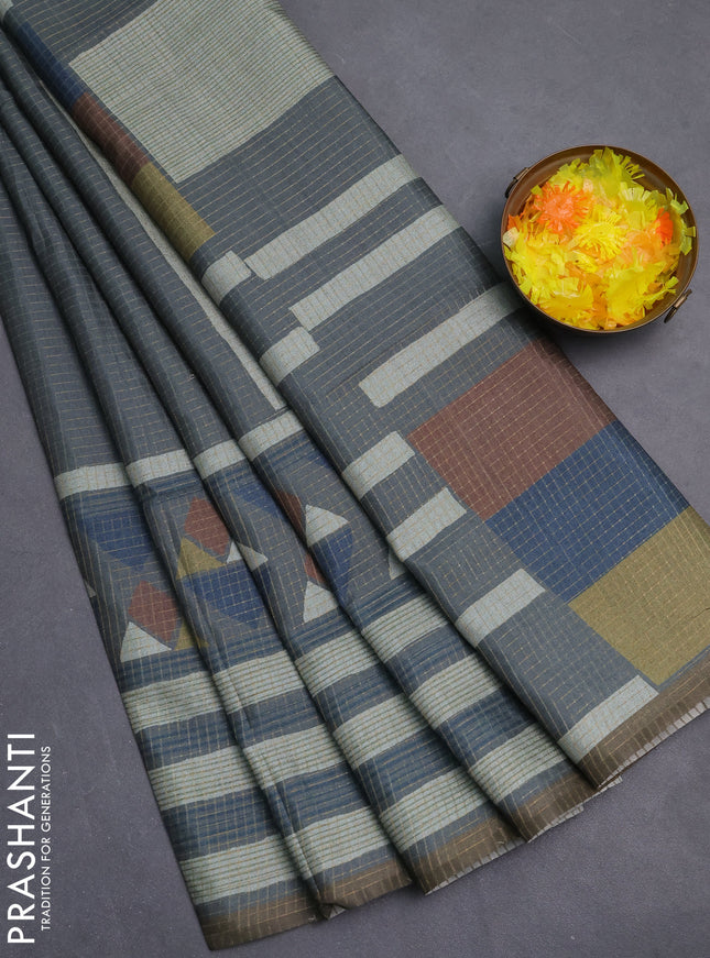 Chappa saree grey and military green with allover zari checked pattern and long geometric printed border