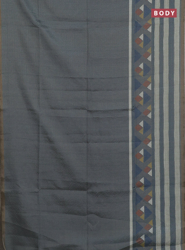 Chappa saree grey and military green with allover zari checked pattern and long geometric printed border