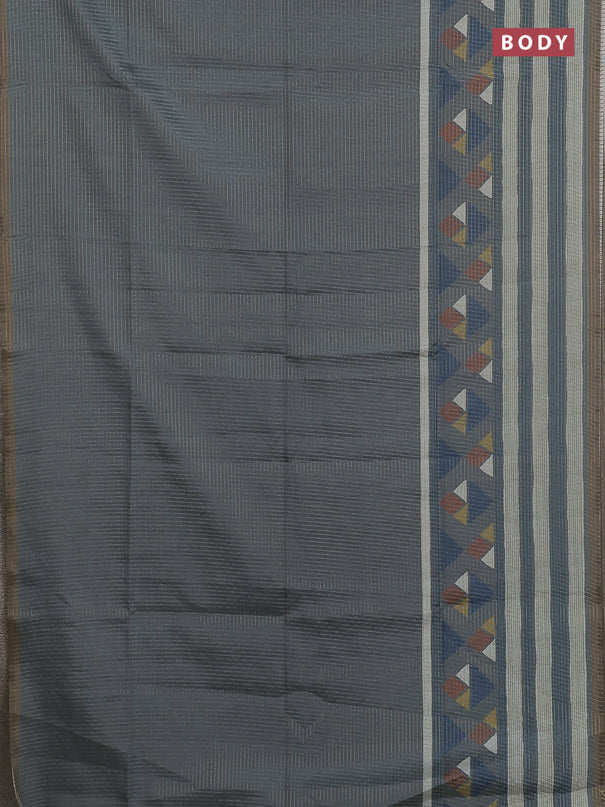 Chappa saree grey and military green with allover zari checked pattern and long geometric printed border