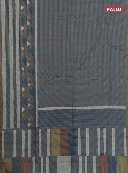 Chappa saree grey and military green with allover zari checked pattern and long geometric printed border