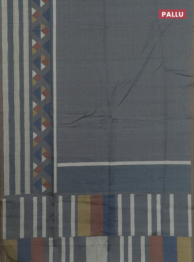 Chappa saree grey and military green with allover zari checked pattern and long geometric printed border