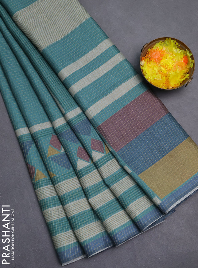 Chappa saree teal green and grey with allover zari checked pattern and long geometric printed border