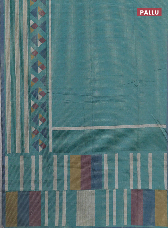 Chappa saree teal green and grey with allover zari checked pattern and long geometric printed border