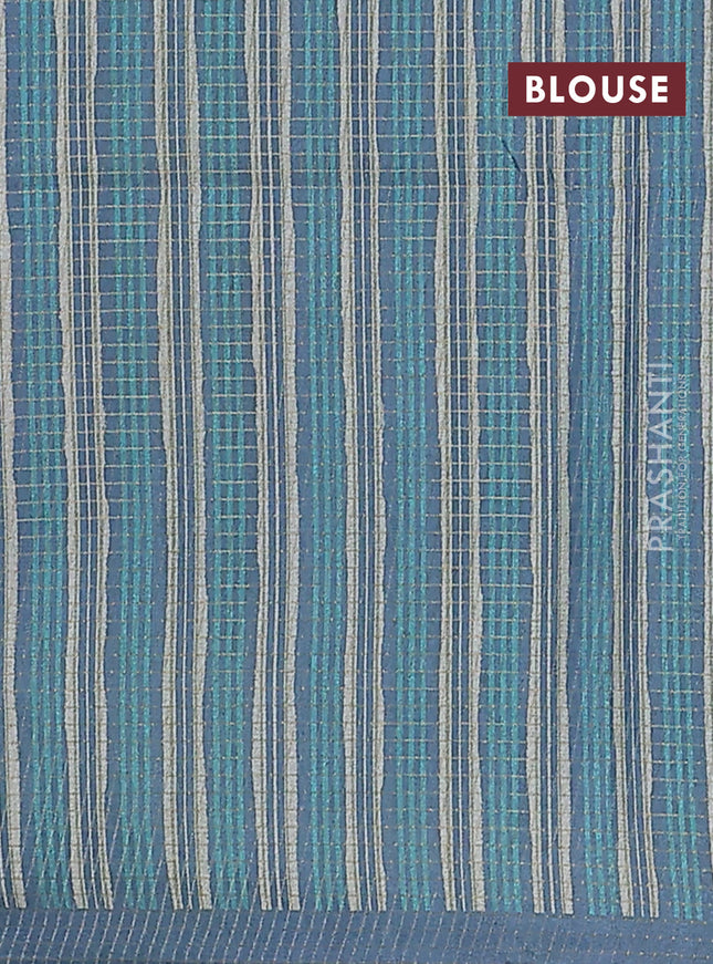 Chappa saree teal green and grey with allover zari checked pattern and long geometric printed border