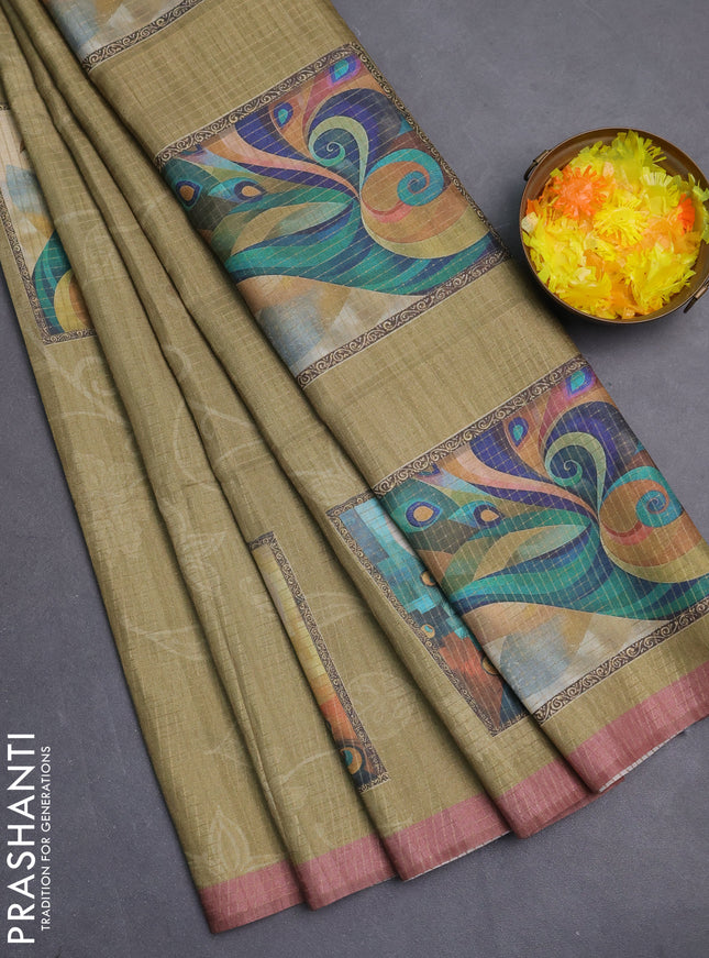 Chappa saree mehendi green and pastel brown with allover zari checked pattern & digital prints and printed pallu