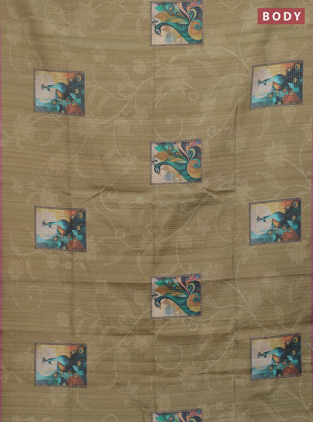 Chappa saree mehendi green and pastel brown with allover zari checked pattern & digital prints and printed pallu